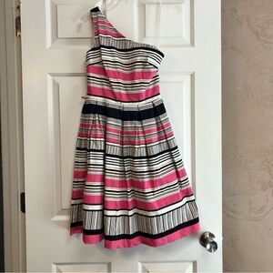 London Times One Strap Off The Shoulder Pink, Black, and White Dress Size 4